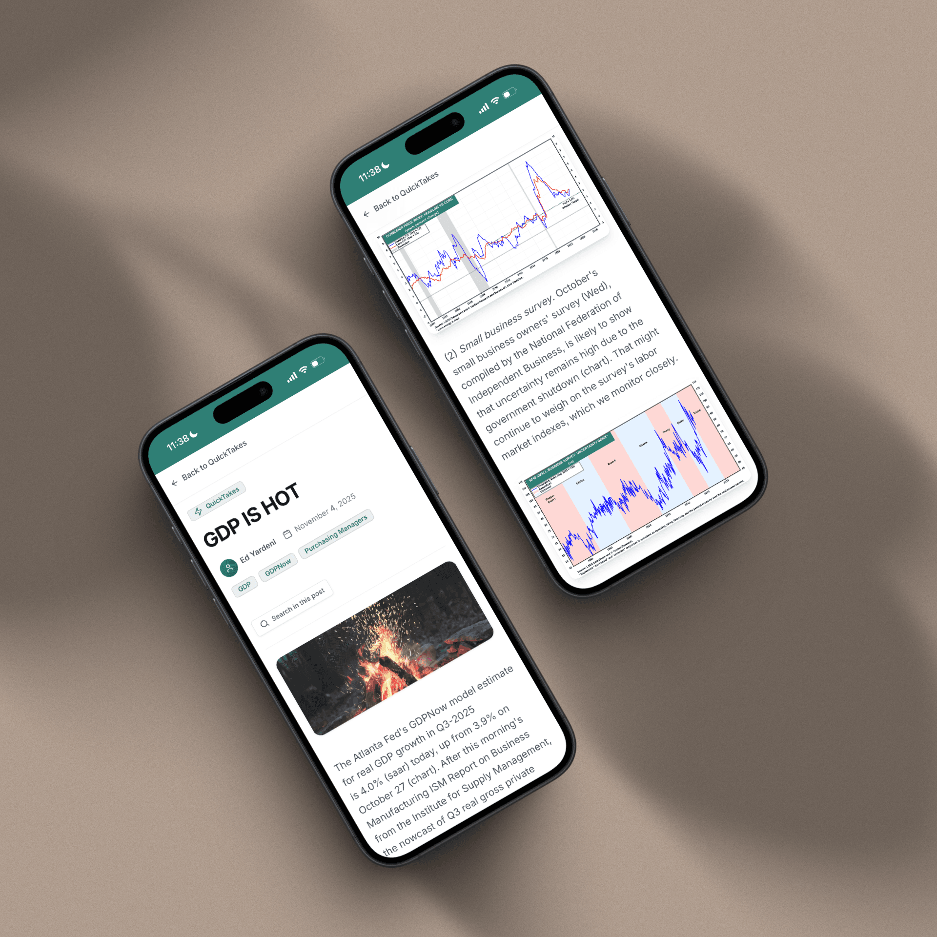 Morning Briefings and QuickTakes on mobile devices showing market analysis