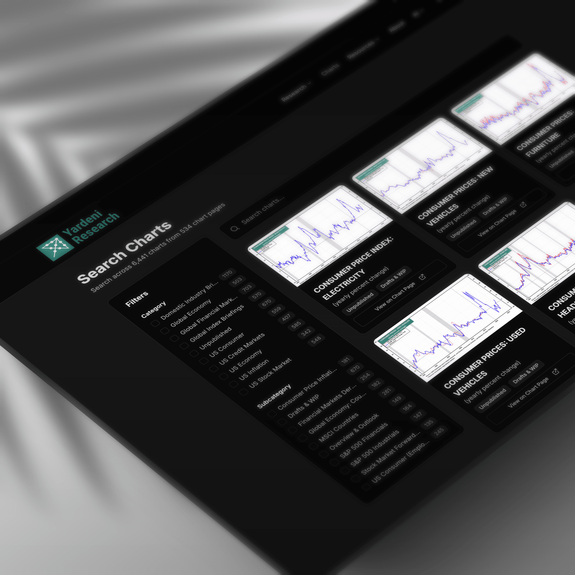 Yardeni Research chart search interface showing real-time market data visualizations